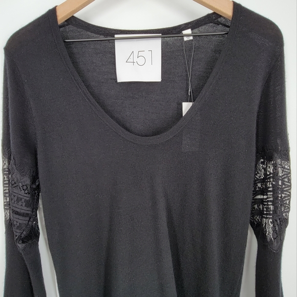 Black Cashmere Scoop Neck Bell Sleeve Lace Inset Sweater Medium NWT - Picture 2 of 8